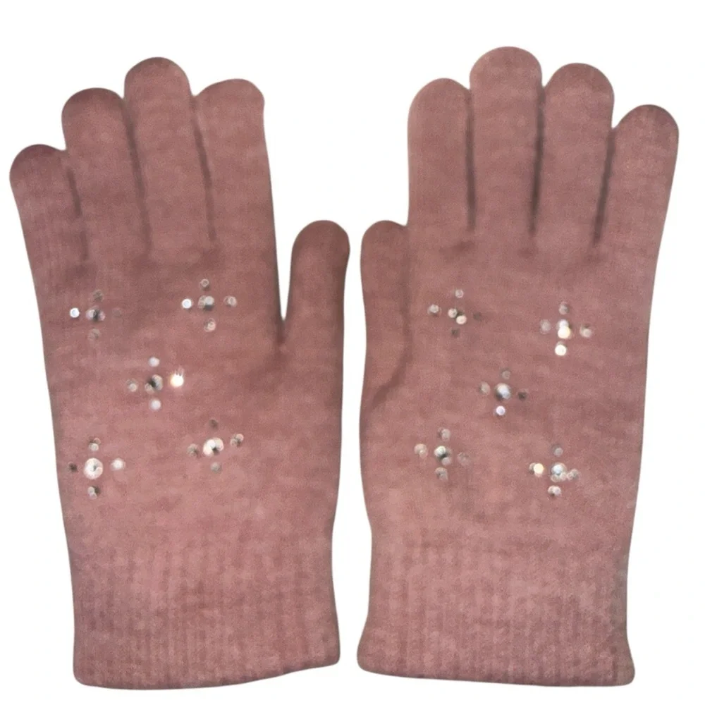 Pink Sparkle Studded Knit Gloves Soft Warm Fleece Lined Winter Cold Weather